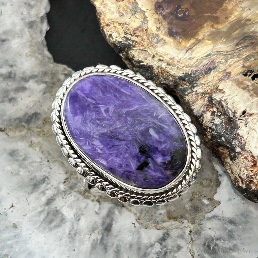 Sterling Southwestern Style Oval Charoite Decorated Ring Size 6.75 For Women